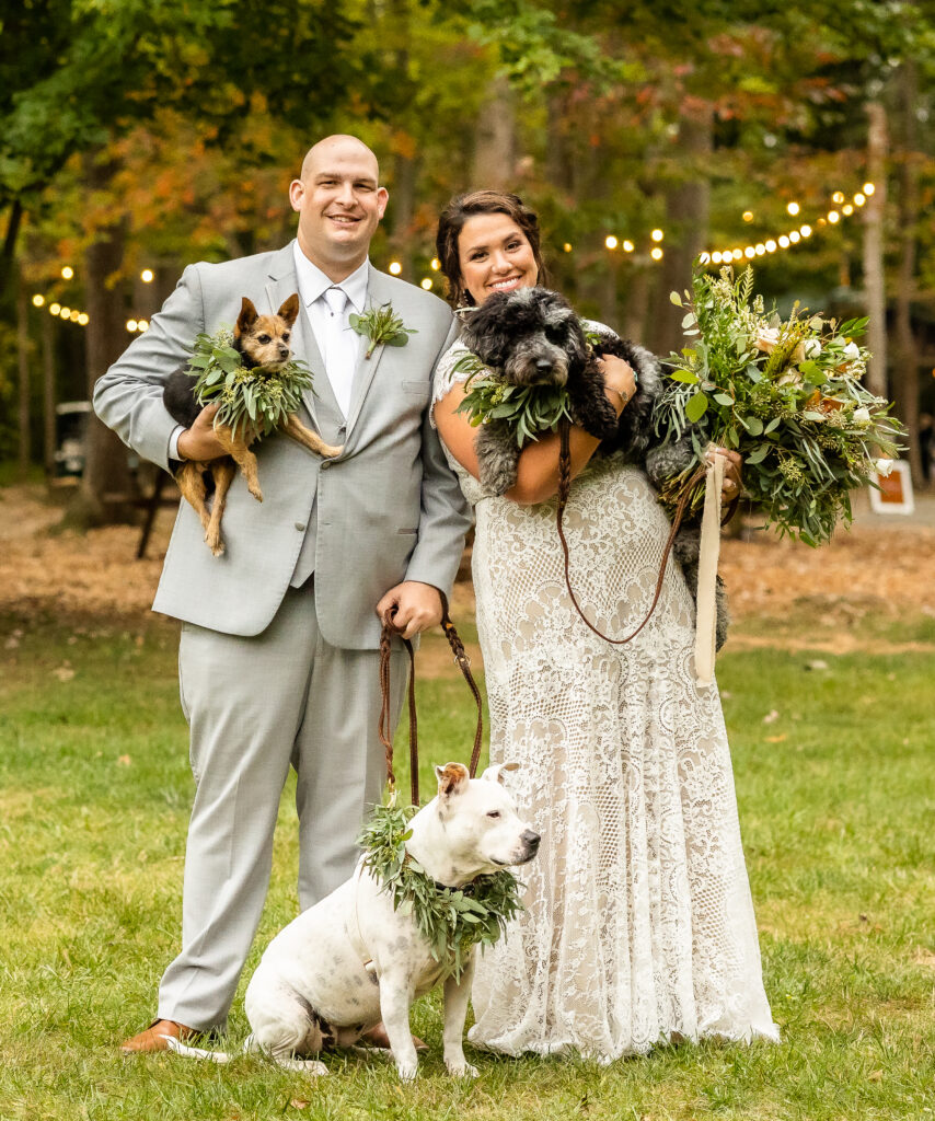 Adorable bride and groom with their dogs shot by Maryland wedding photographer, Kimberly Dean at Camp Hidden Valley at Deer Creek Preserve